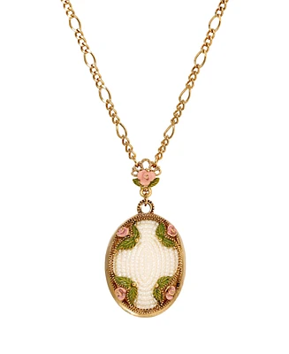 2028 Imitation Pearl Pink Enamel Flower Long Pendant Necklace