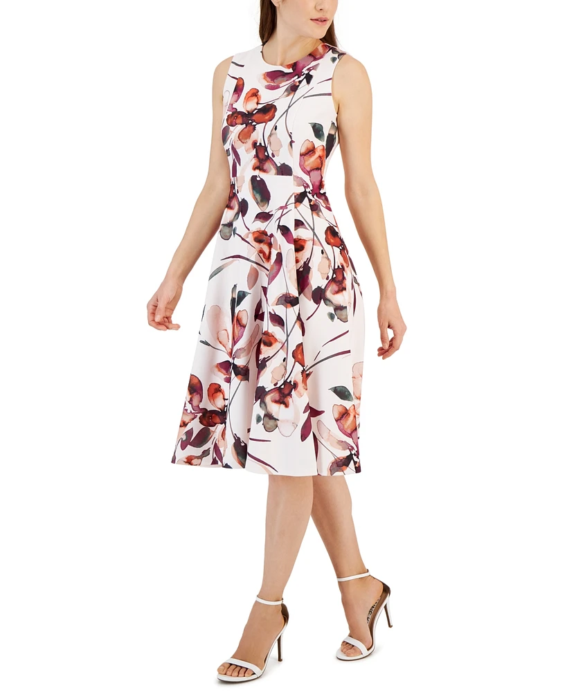 Calvin Klein Women's Floral Print Sleeveless A-Line Midi Dress