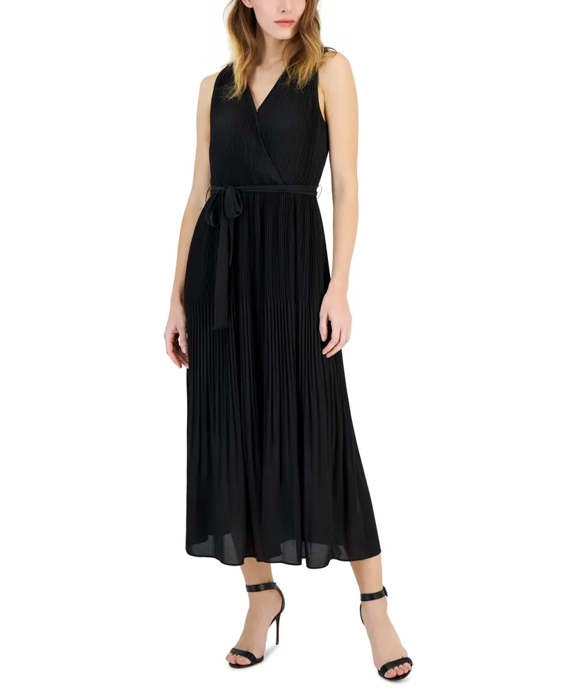 T Tahari Women's Faux-Wrap Sleeveless Pleated Fit & Flare Maxi Dress