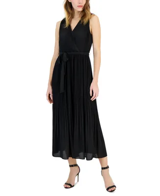 T Tahari Women's Faux-Wrap Sleeveless Pleated Fit & Flare Maxi Dress