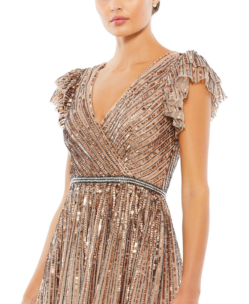 Mac Duggal Women's Sequined Wrap Over Ruffled Cap Sleeve Gown