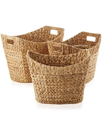 Casafield Set of 3 Oval Baskets with Handles - Natural, Water Hyacinth Woven Storage Totes for Blankets, Laundry, Bathroom, Bedroom, Living Room