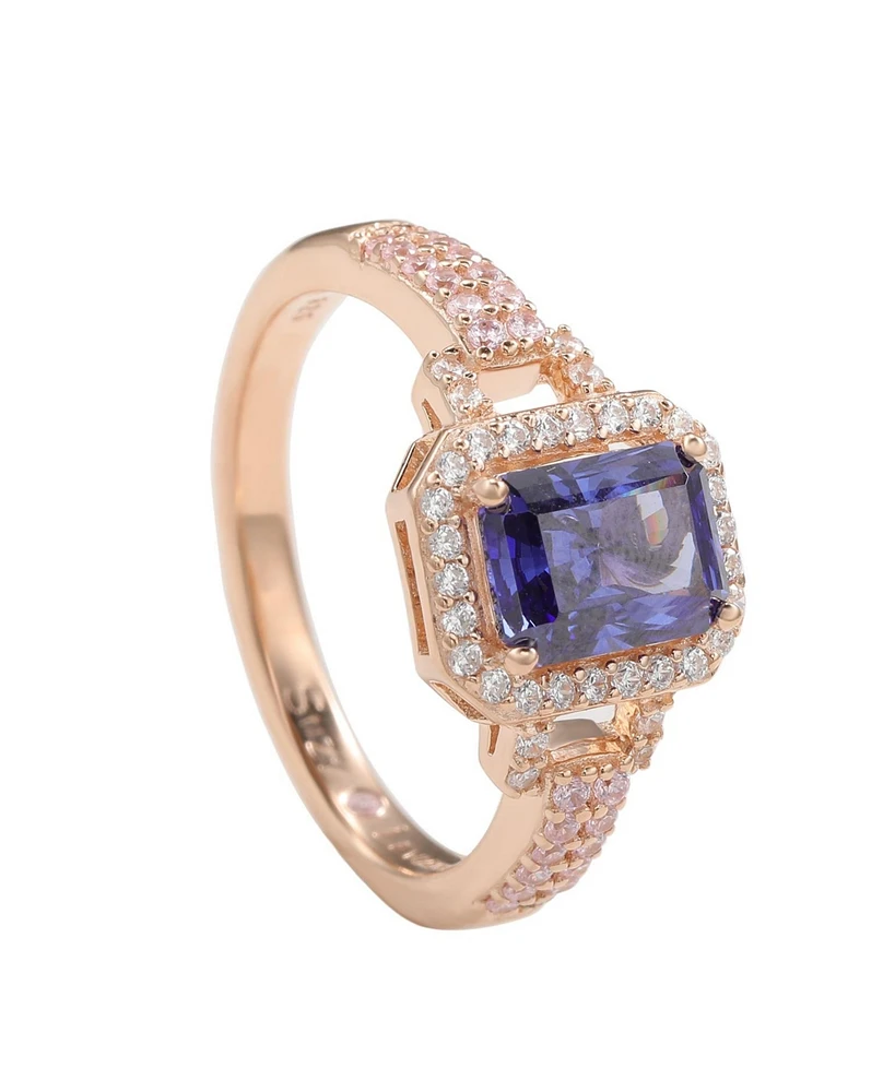Suzy Levian Golden Sterling Silver Emerald-Cut Green and Brown Cubic Zirconia Halo Ring