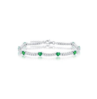 Sterling Silver Cz heart Tennis Bracelet (Green, Blue, Or Red)