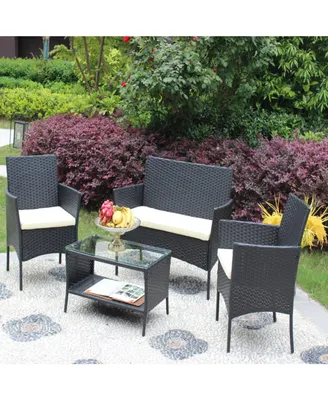 4 Piece Rattan Patio Furniture Set Outdoor Patio Cushioned Seat Wicker Sofa (Cushion)