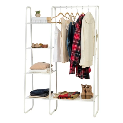 Iris Metal Garment Rack with Metal Mesh Shelves, White