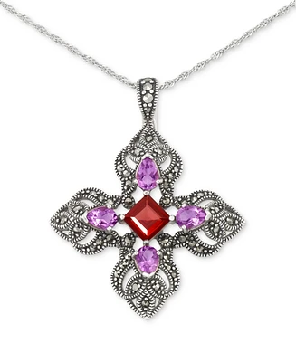 Amethyst (1-1/3 ct. t.w.), Garnet (1-5/8 ct. t.w.), & Marcasite (5/8 ct. t.w.) Filigree Cross 18" Pendant Necklace in Sterling Silver