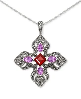Amethyst (1-1/3 ct. t.w.), Garnet (1-5/8 ct. t.w.), & Marcasite (5/8 ct. t.w.) Filigree Cross 18" Pendant Necklace in Sterling Silver