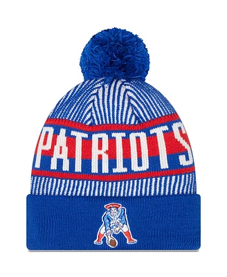 Men's New Era Royal New England Patriots Striped Cuffed Knit Hat with Pom