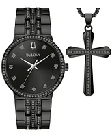 Bulova Men's Classic Crystal Black-Tone Stainless Steel Bracelet Watch 40mm Gift Set