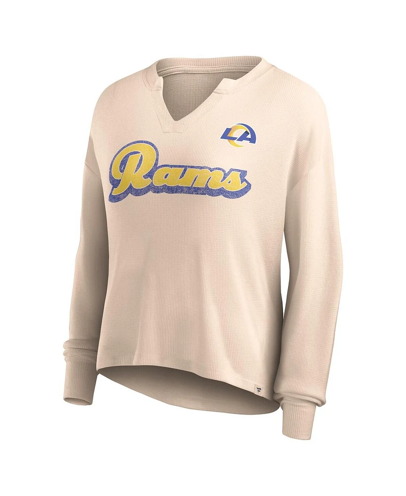 Women's Fanatics Tan Distressed Los Angeles Rams Go For It Notch Neck Waffle Knit Long Sleeve T-shirt