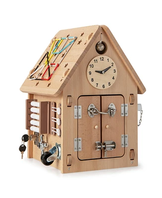Wooden Busy House Montessori Toy with Sensory Games & Interior Storage Space