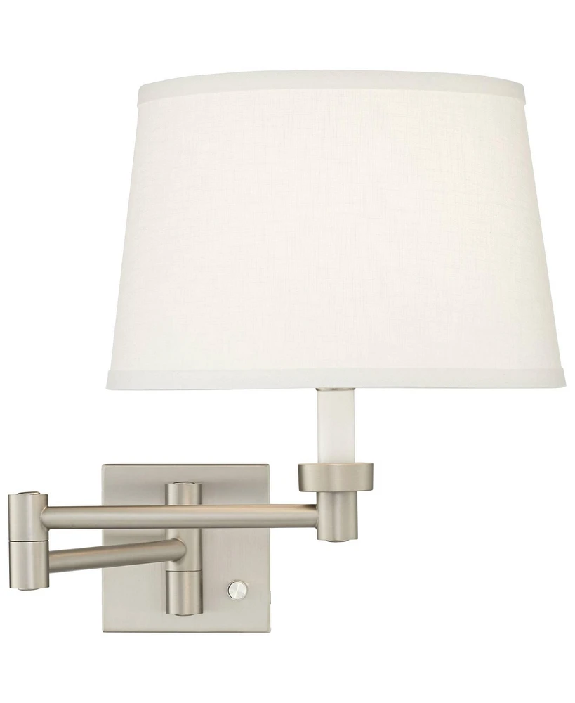 Modern Indoor Swing Arm Wall Lamp Brushed Nickel Plug-In Light Fixture Dimmable White Linen Tapered Drum Shade for Bedroom Bedside House Reading Livin