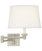 Modern Indoor Swing Arm Wall Lamp Brushed Nickel Plug-In Light Fixture Dimmable White Linen Tapered Drum Shade for Bedroom Bedside House Reading Livin
