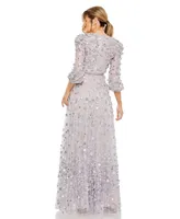 Women's Floral Applique Puff Sleeve High Neck A-Line Gown