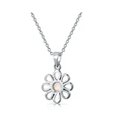 Bling Jewelry White Rainbow Opal Daisy Flower Pendant Necklace Sterling Silver October Stone
