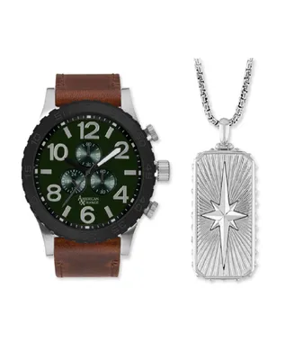 American Exchange Men's Quartz Brown Polyurethane Leather Strap Watch 48mm Gift Set