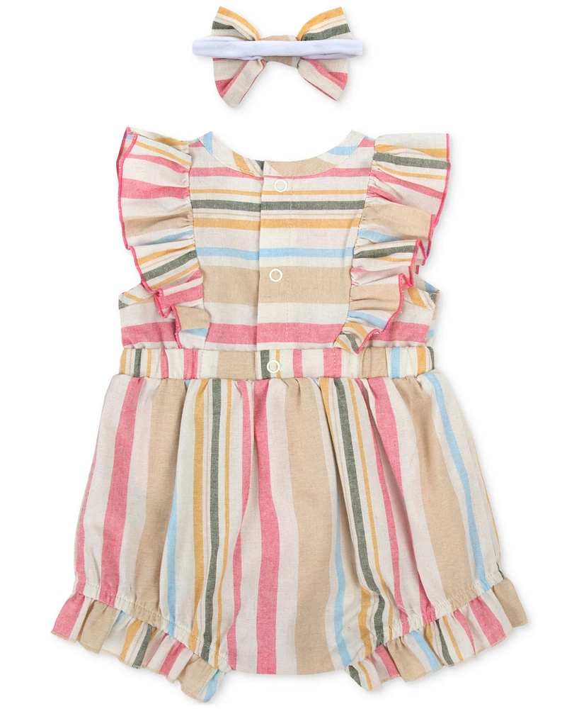 Baby Essentials Girls Striped Romper and Headband, 2 Piece Set