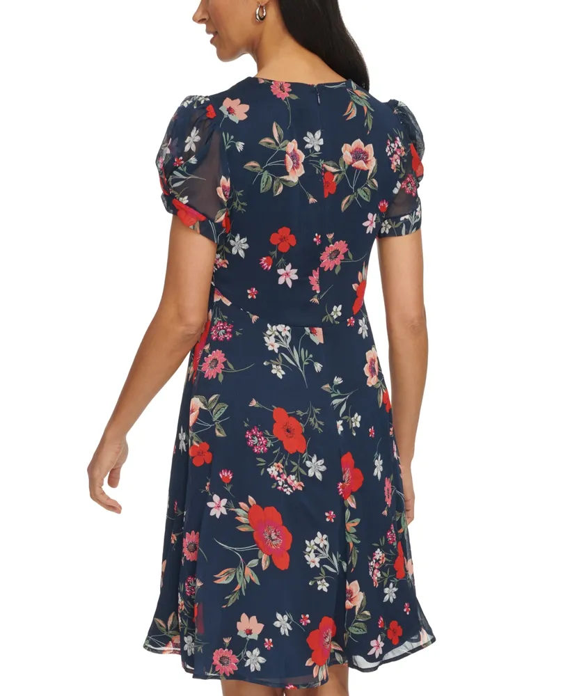 Calvin Klein Women's Printed Chiffon Tulip-Sleeve Dress