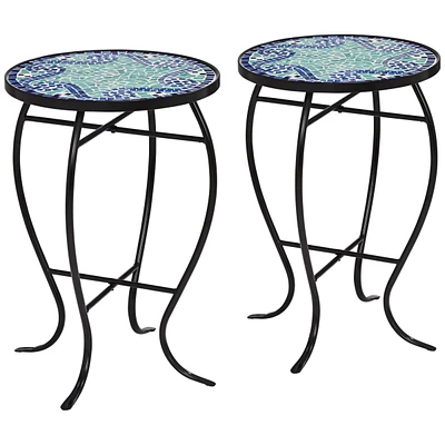 Ocean Wave Black Metal Round Outdoor Accent Side Tables 14" Wide Set of 2 Blue Mosaic Tile Tabletop Gracefully Curved Legs for Spaces Porch Patio
