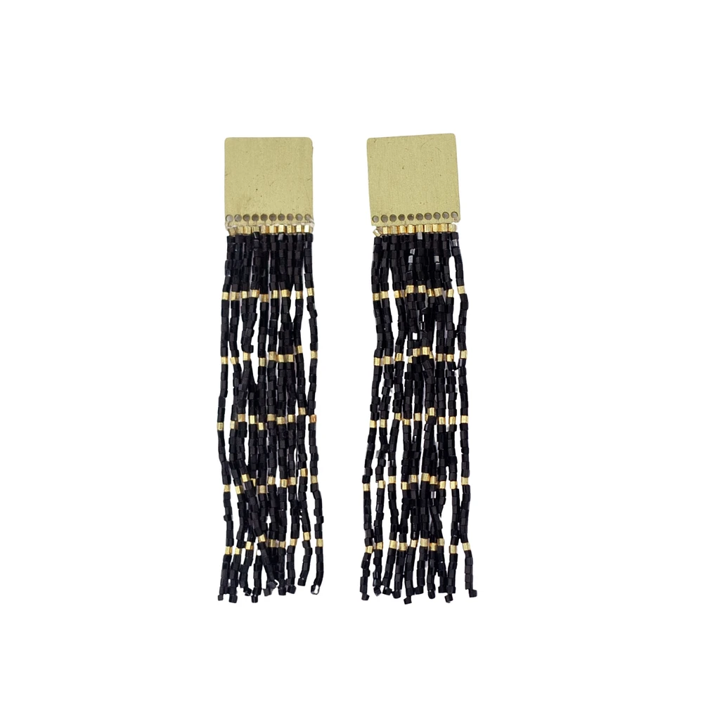 Harlow Brass Top Solid With Gold Stripe Beaded Fringe Earrings