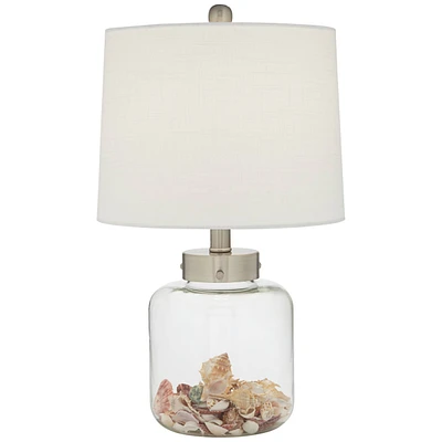 Coastal Accent Table Lamp Fillable 20.5" High Clear Glass Sea Shells Off White Linen Fabric Drum Shade for Living Room Bedroom Beach House Bedsid