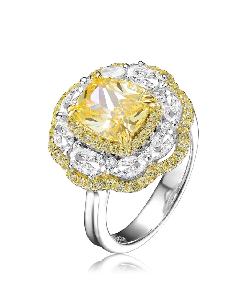 Sterling Silver White Gold Plated with Yellow Contrast Cubic Zirconias Flower Ring