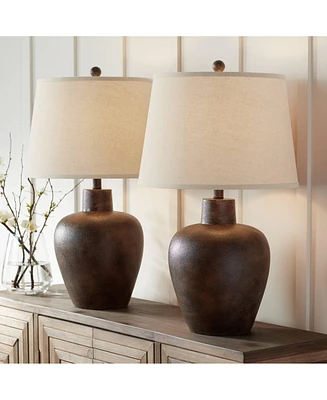 Regency Hill Glenn Farmhouse Rustic Southwestern Natural Cottage Table Lamps 27" Tall Set of 2 Dark Terra Cotta Tapered Fabric Drum Shade Decor for Li