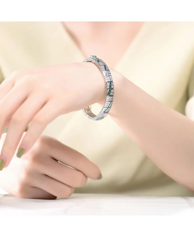 Sterling Silver Blue and Green Clear Cubic Zirconia Link Bracelet