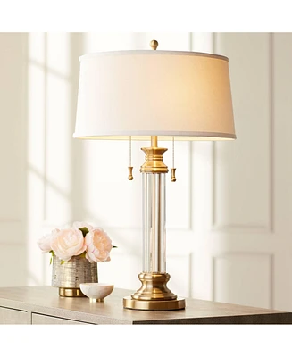 Rolland Traditional Table Lamp 30" Tall Antique Brass Crystal Column Off White Tapered Drum Shade Decor for Living Room Bedroom House Bedside Nightsta