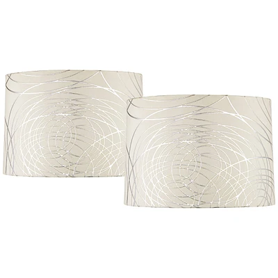 Set of 2 Round Hardback Tapered Drum Lamp Shades Off-White Silver Circles Medium 15" Top x 16" Bottom x 11" High Spider Fitting with Replacement Harp