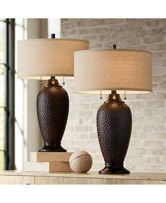 Cody Modern Industrial Rustic Table Lamps 26" High Set of 2 Hammered Oiled Bronze Brown Oatmeal Linen Drum Shade for Living Room Bedroom House Be