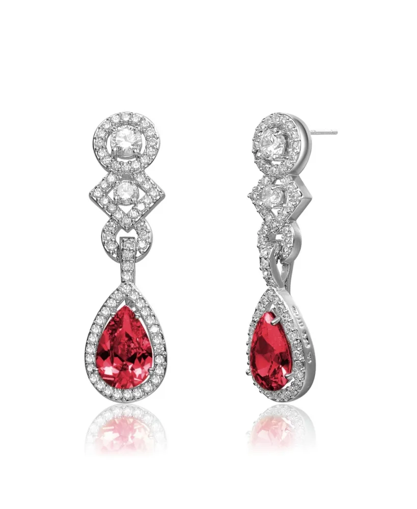 Genevive Cubic Zirconia Sterling Silver Red and Clear Dangle Earrings