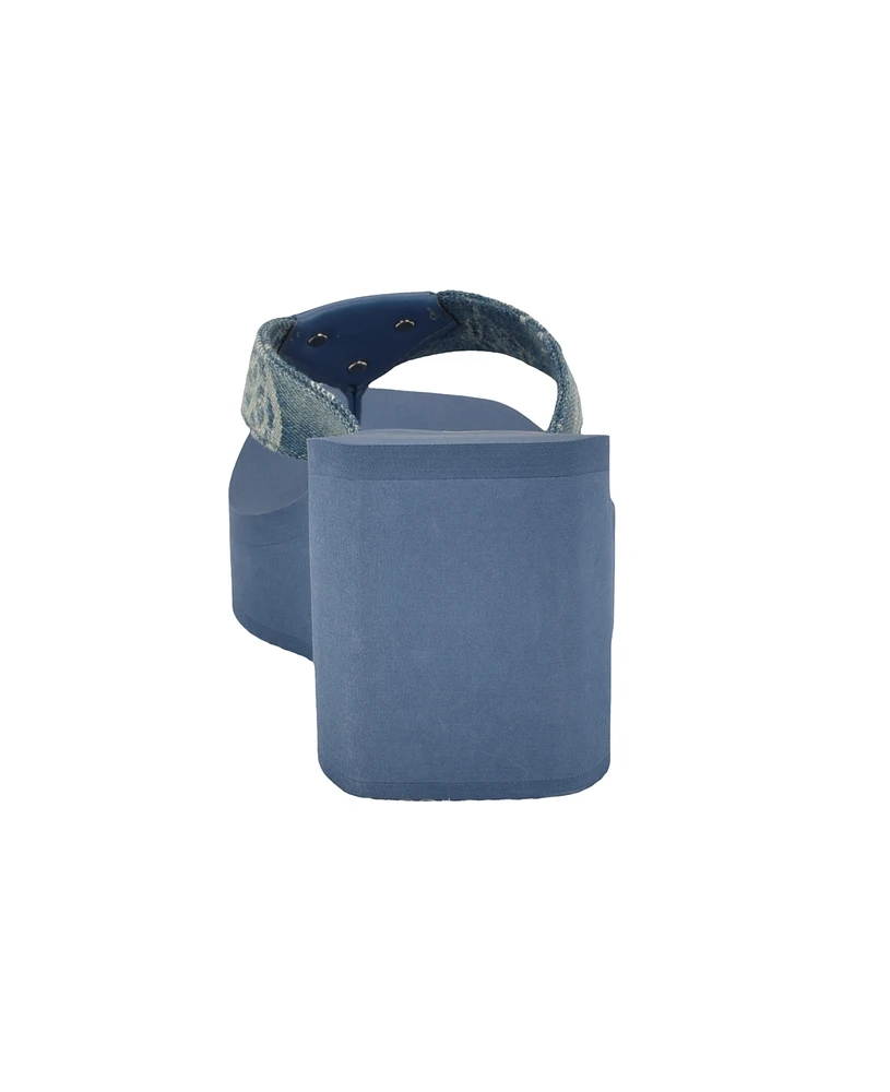 Guess Women's Demmey Logo Thong Square Toe Wedge Sandals - Dark Blue Denim