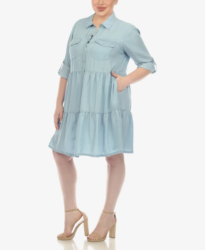 White Mark Plus Long Sleeve Tiered Midi Shirt Dress