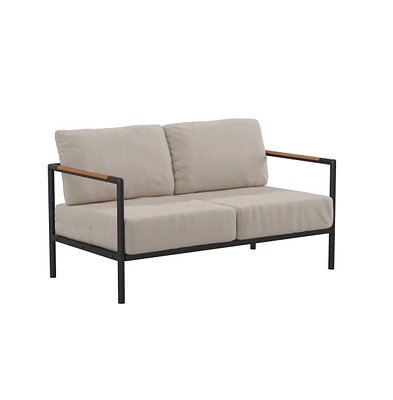 Eastport Outdoor Loveseat With Removable Plush Fabric Cushions And Teak Accented Aluminum Frame