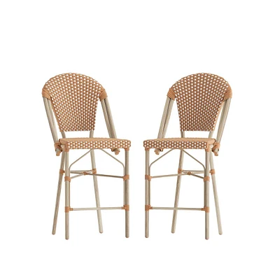 Celia Set Of Two Indoor/Outdoor Stacking Bistro Counter Stools With White And Gray Patterned Seats Backs & Bamboo Finished Metal Frames