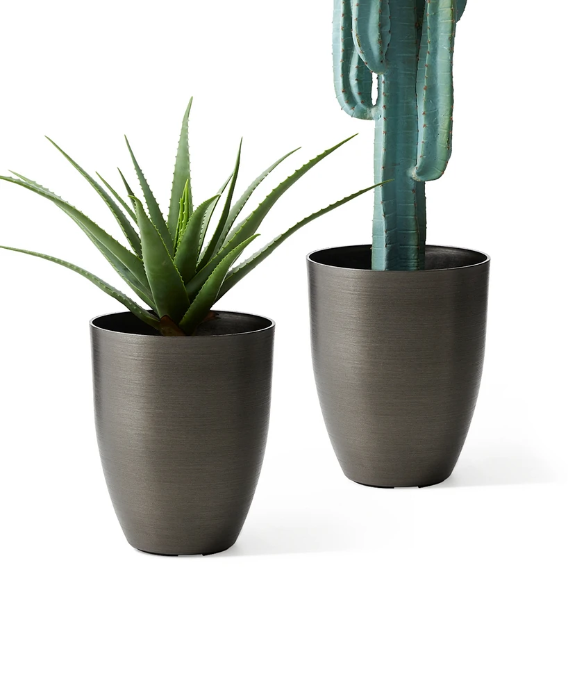 Glitzhome 16.75" H Set of 2 Black Resin and Stone Faux Brushed Steel Texture Tall Planter