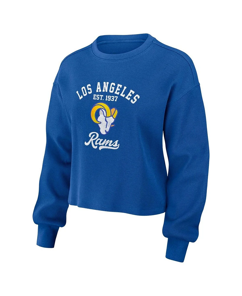 Women's Wear by Erin Andrews Royal Distressed Los Angeles Rams Waffle Knit Long Sleeve T-shirt and Shorts Lounge Set