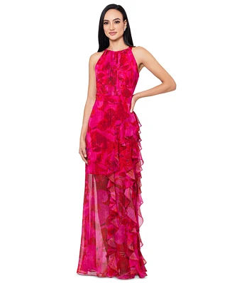 Betsy & Adam Women's Printed Ruffled Halter Gown
