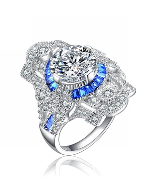 Sterling Silver White Gold Plated with Colorful Baguette Cubic Zirconia Cocktail Ring