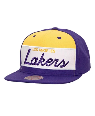 Men's Mitchell & Ness White, Purple Los Angeles Lakers Retro Sport Colorblock Script Snapback Hat