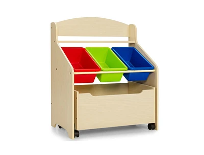 Kids Wooden Toy Storage Unit Organizer with Rolling Toy Box and Plastic Bins