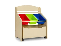 Kids Wooden Toy Storage Unit Organizer with Rolling Toy Box and Plastic Bins