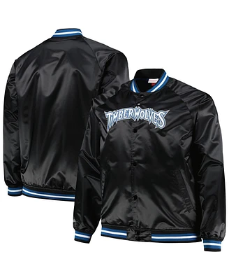 Men's Mitchell & Ness Black Minnesota Timberwolves Big and Tall Hardwood Classics Wordmark Satin Raglan Full-Zip Jacket