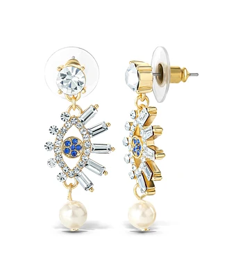 Jessica Simpson Womens Evil Eye Dangle Earrings - Gold-Tone Evil Eye Earrings with Pearl and Rhinestones