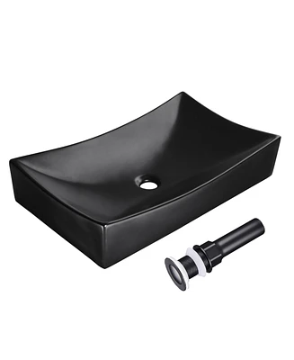 Aquaterior 26" Black Rectangle Bathroom Vessel Sink Countertop Porcelain Vanity Sink Basin w/ Drain
