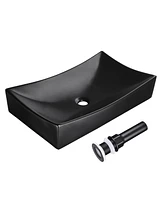 Aquaterior 26" Black Rectangle Bathroom Vessel Sink Countertop Porcelain Vanity Sink Basin w/ Drain
