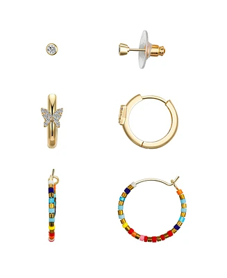 Unwritten Cubic Zirconia Butterfly and Multi Color Beaded Hoop Stud Earring Set