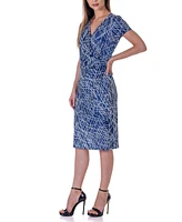 24seven Comfort Apparel Print Knee Length Short Sleeve Faux Wrap Dress